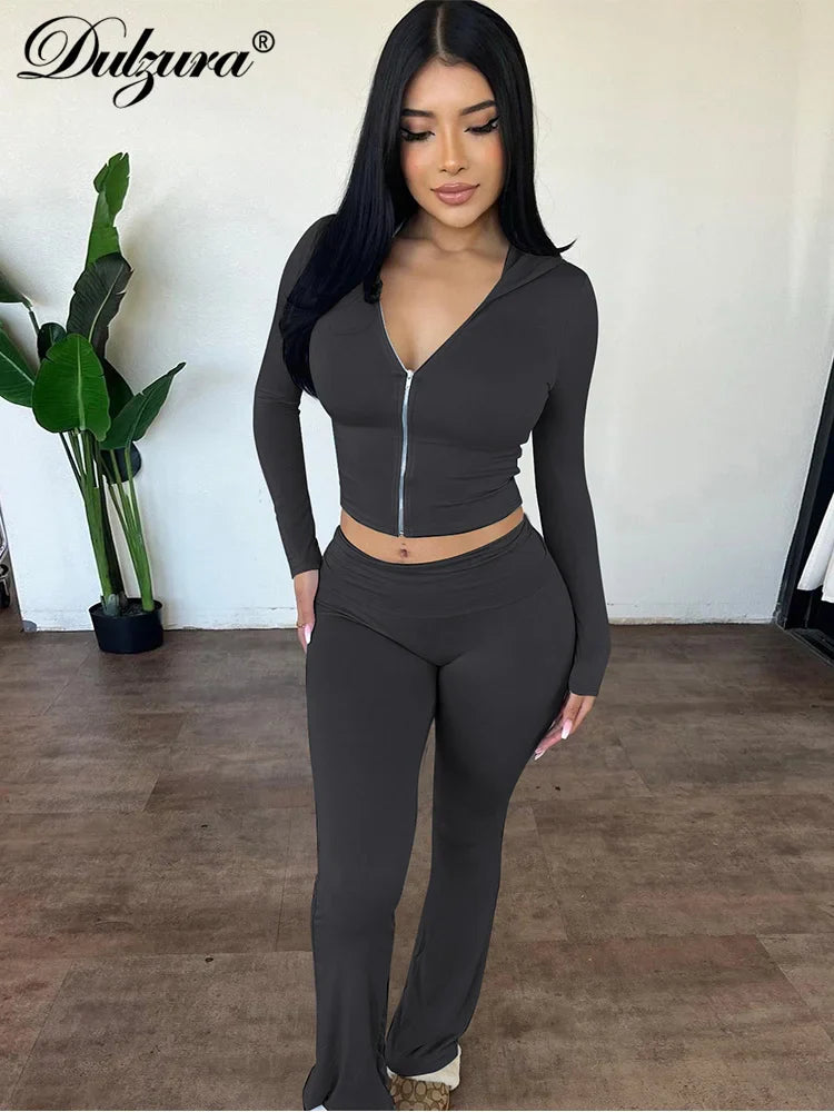 Solid Casual Sports 2 Piece Hoodie and Flare Pants Set for Women in Autumn and Winter Streetwear