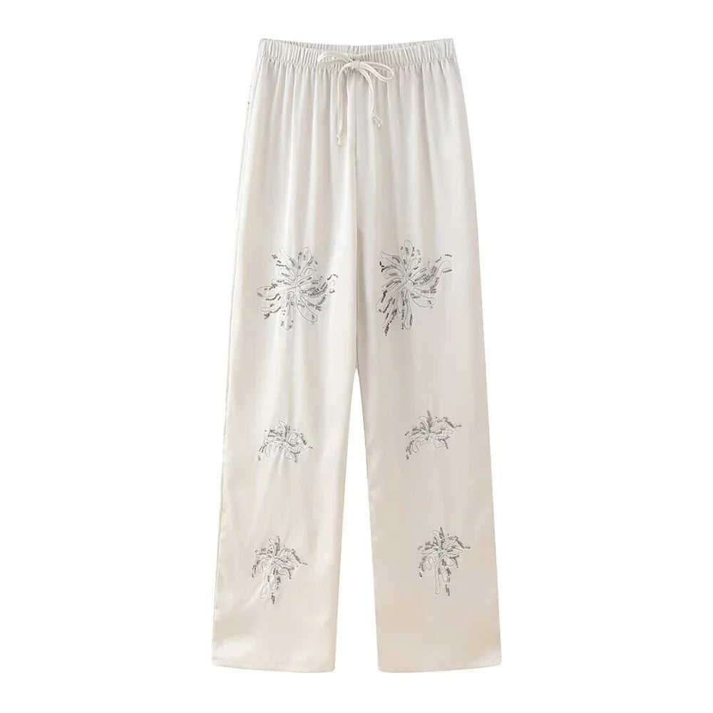 Women's Beaded Embroidery Long Sleeve Shirt and Loose Trousers Set with Lace Up Details