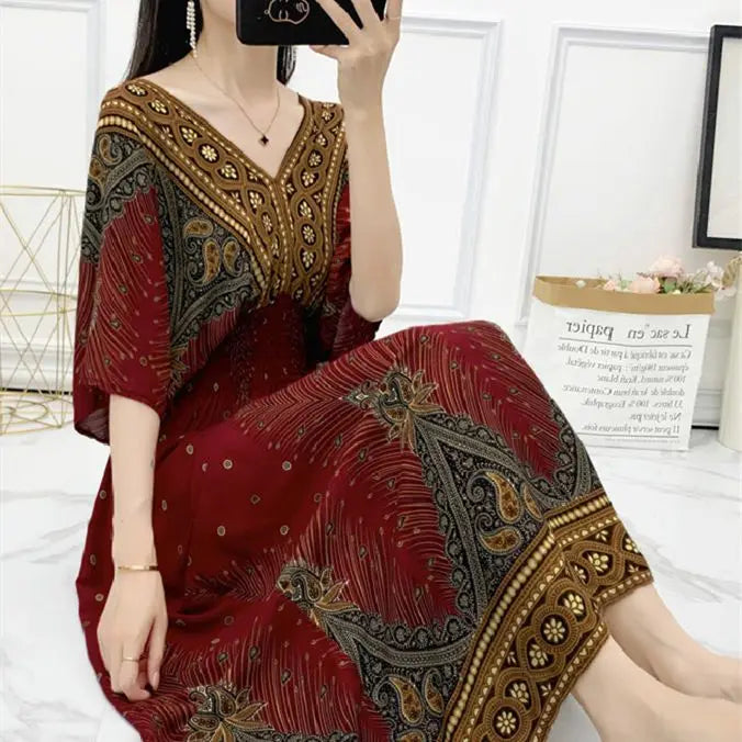 Sweet Countryside Printed Midi Dress V Neck Batwing