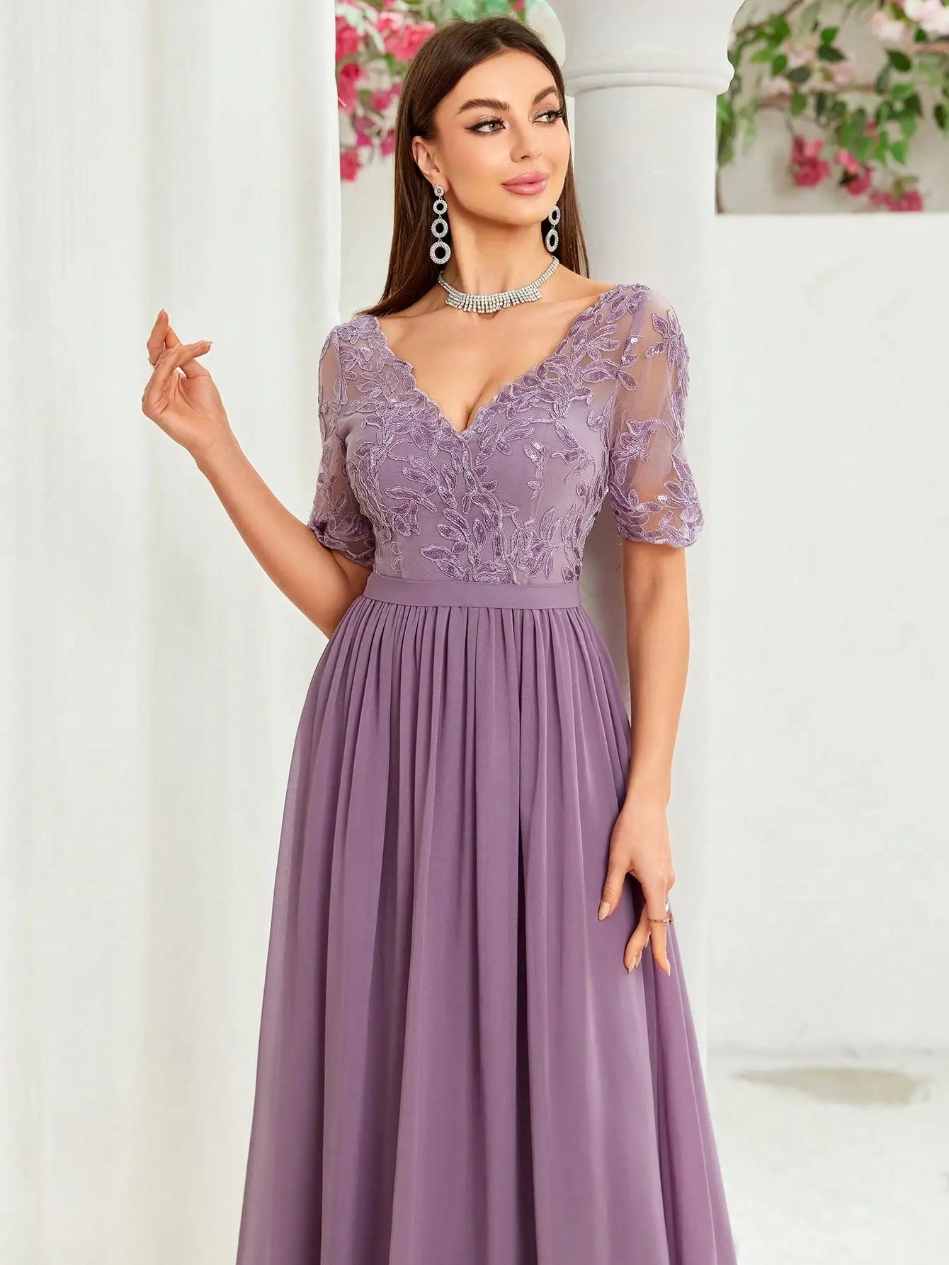 V Neck Embroidered Lace Chiffon Maxi Dress with Sleeves
