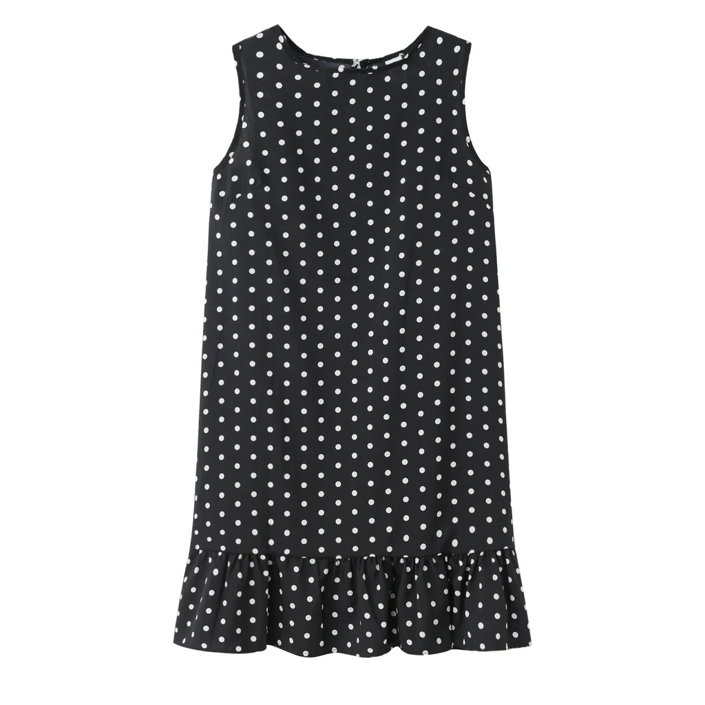 Polka Dot Dress Ruffled Sleeveless Women Round Neck