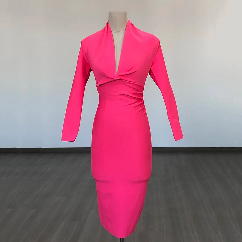 Colorful Deep V Bandage Dress Long Sleeve Bodycon Dress