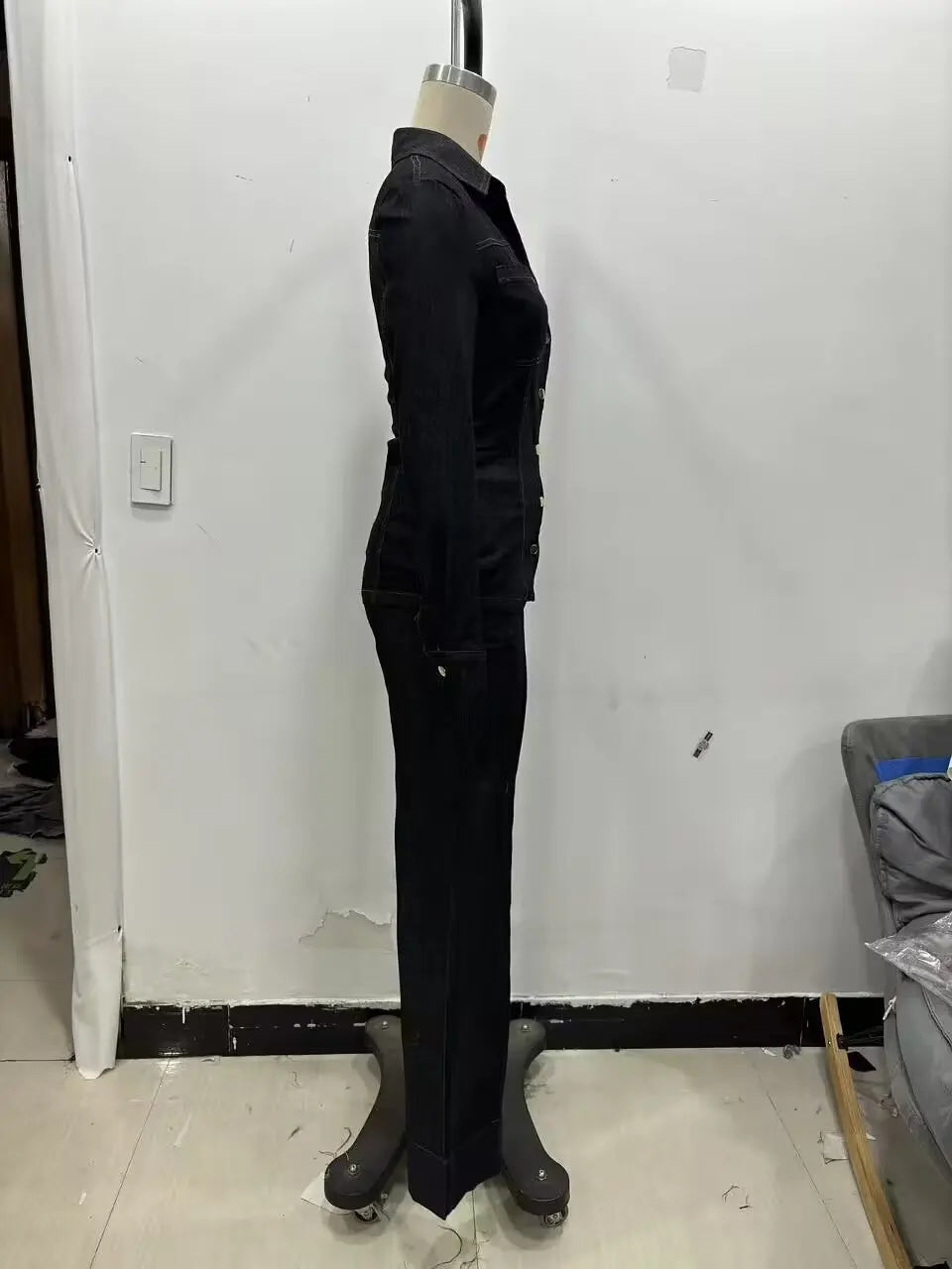 Women Black Denim Pants Set with Fitted Shirt and Patch Pockets Straight Leg Jeans Suit