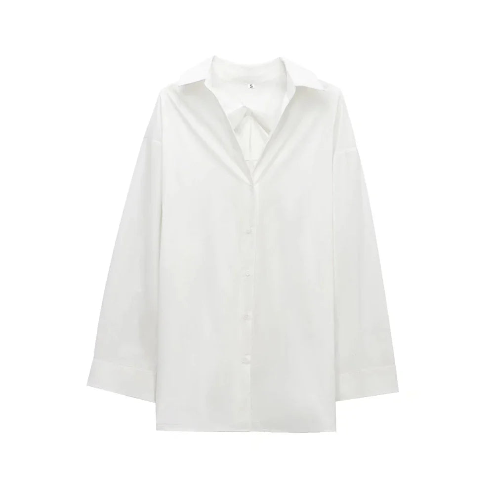 Oversized Pleated Back Long Sleeve Button-Up Shirt for Women Chic Fashion Blouse Top