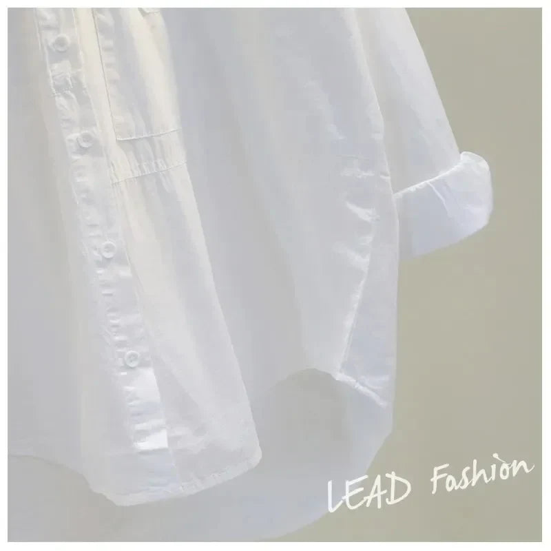 Cotton White Women's Loose Fit Shirt Casual Long Sleeve Blouse Elegant Office Top Comfortable Autumn Wear