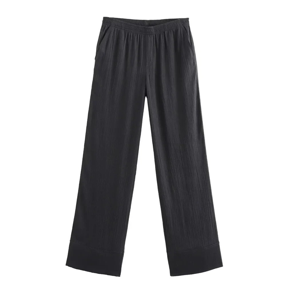 Elegant Kimono Style Women's Long Sleeve V Neck Shirt Jacket and Matching Long Pants Set with Textured Fabric and Refined Temperament