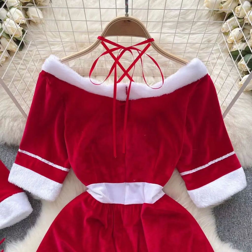 Sexy Christmas Cosplay Dress Red Halter Neck Mini Costume