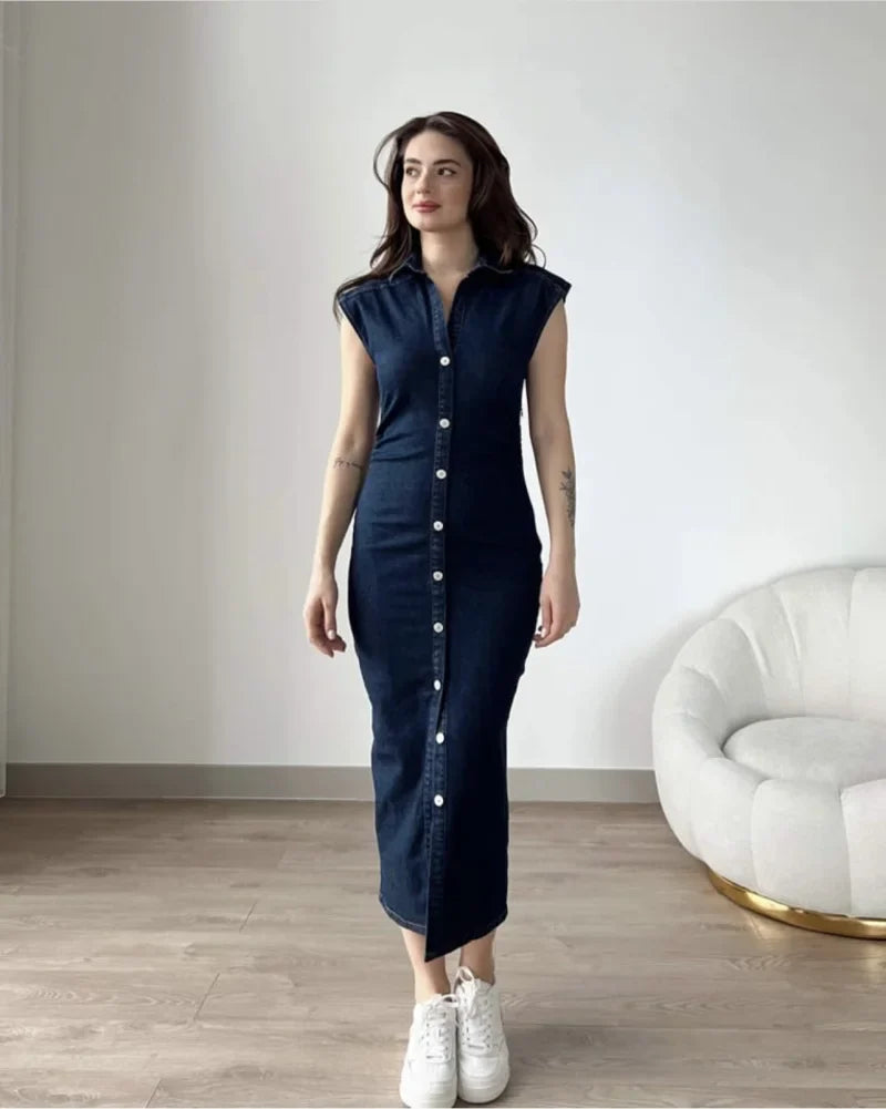 Fitted Denim Midi Shirt Dress With V Neck Long Sleeve