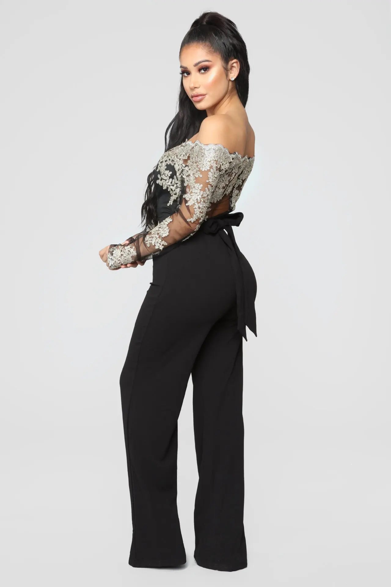 Appliques Lace Patchwork Off Shoulder Jumpsuit for Women with Slash Neck Long Sleeve and Elegant Wide Leg Pants Party Overalls