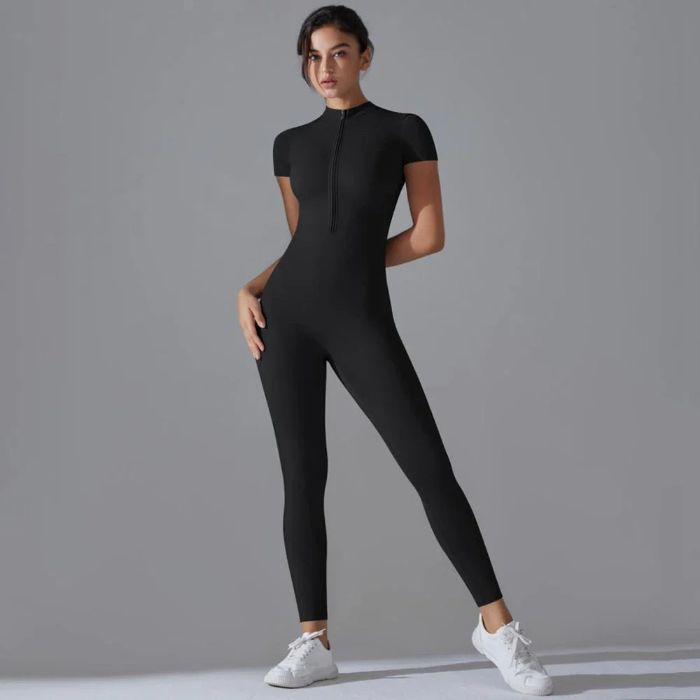 Womens Short Sleeve Yoga Jumpsuit Slim Fit Stretch One Piece Romper with Front Zipper Sexy Fitness Activewear Basic Sportwear in Black