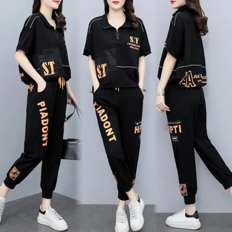 Women's Summer Korean Style Sports Suit Loose Short Sleeve Top and Pencil Pants Two Piece Set