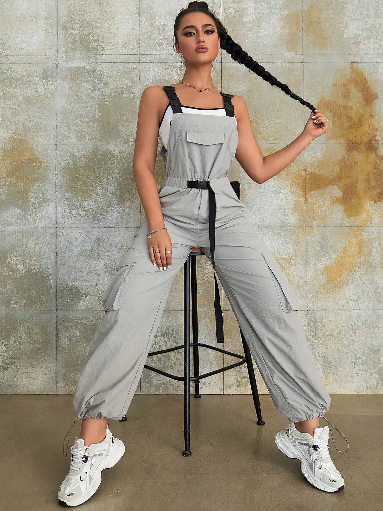 Y2K Street Style Grey Buckle Belted Cargo Jumpsuit with Flap Pockets and Side Parachute Detailing