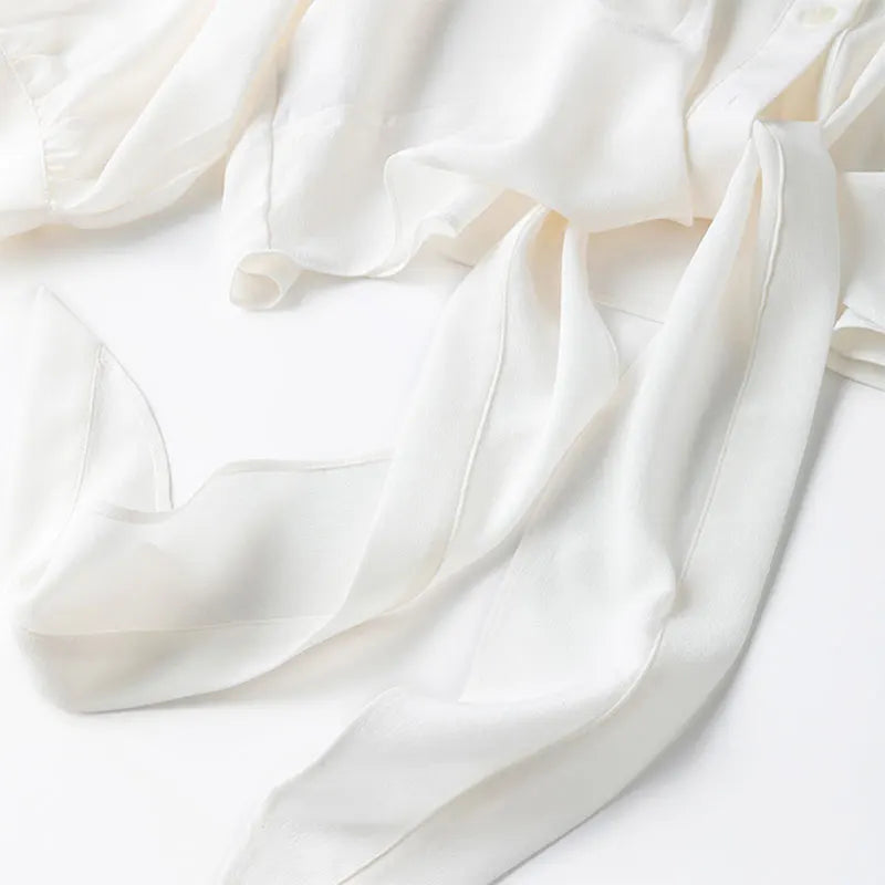 Women 100 Percent Mulberry Crepe Silk White Blouse Lantern Sleeves Bow-Tie Hem Loose Fit Office Top