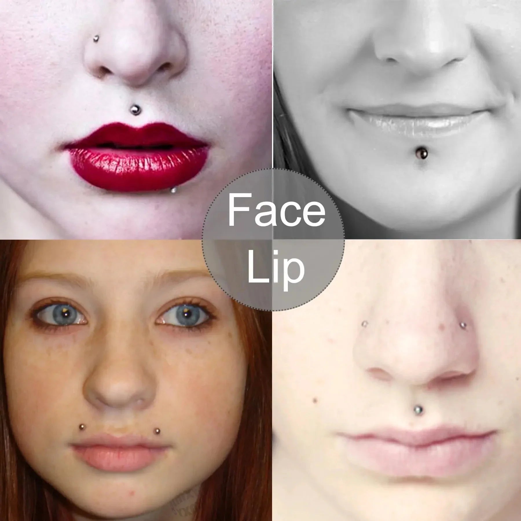 Fake Eyebrow Piercing Stick On Non Piercing Face Jewelry Set with Adhesive Lip Labret and Nose Studs