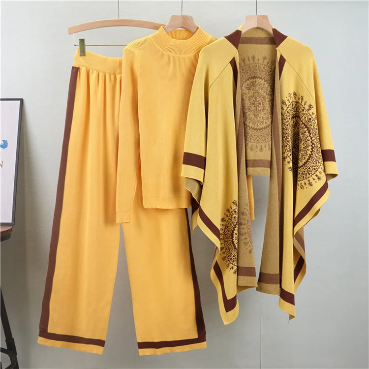 Cozy Knit Shawl Sweater Three Piece Set for Women Loose Wide Leg Pants Casual Jacket Solid Color Autumn Winter Outfit