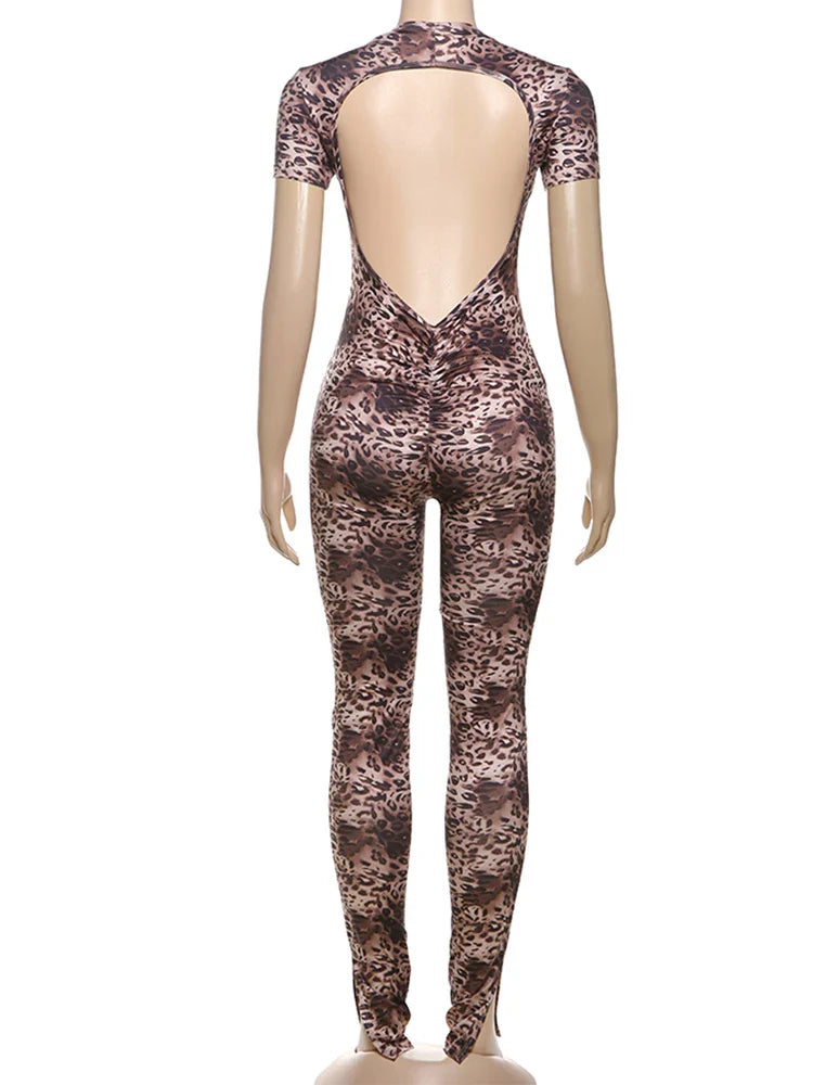 Women Leopard Print Backless Hollow Jumpsuit Sleeveless Short Sleeve Summer Workout Overalls with Peach Buttocks Design