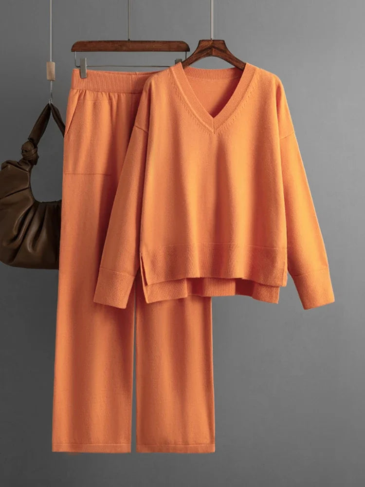 Casual Women's Sweater Pullover Knit Two-Piece Set with Loose Pants for Autumn and Winter