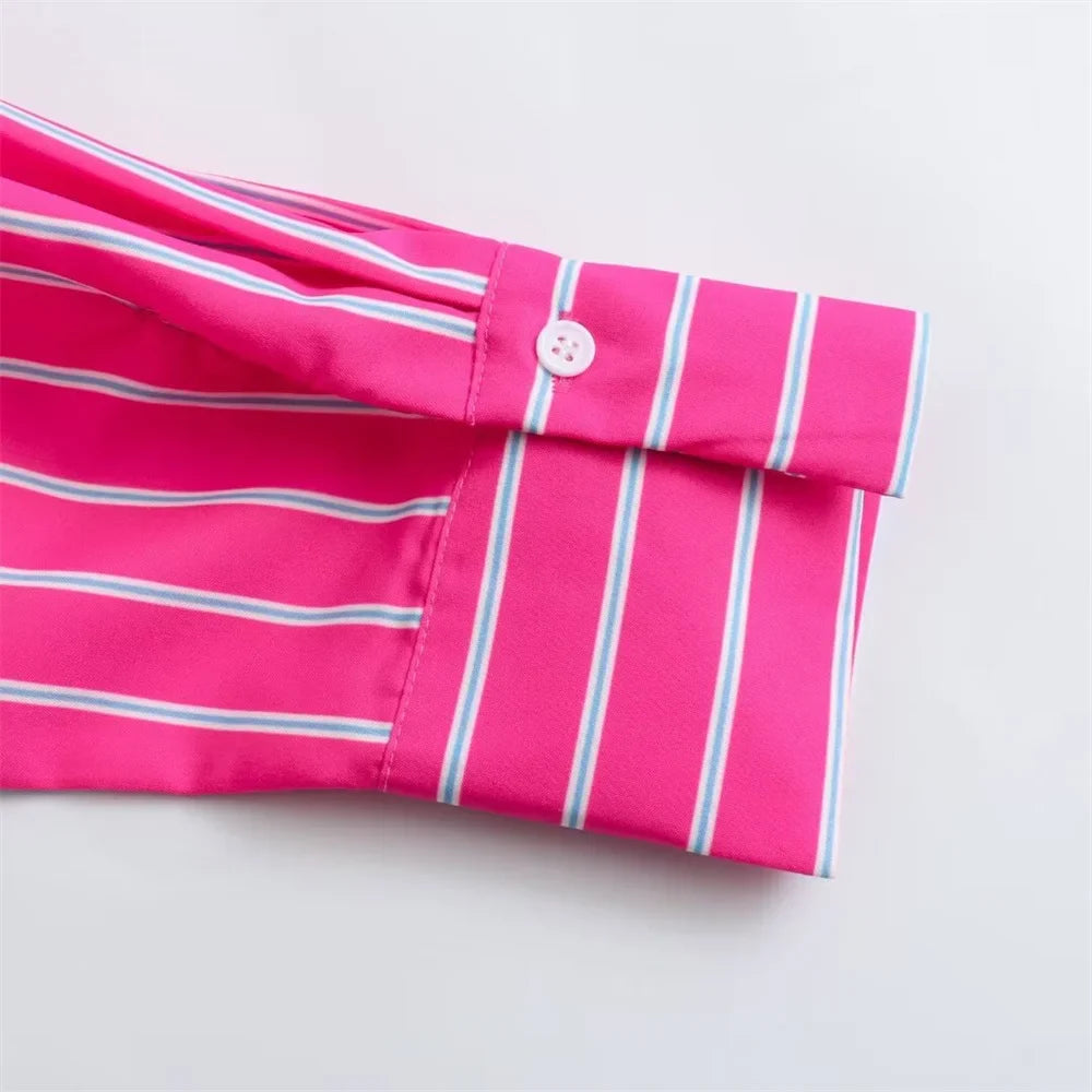 Women's Casual Loose Stripe Shirt with Versatile Patch Bag Decoration Stylish Simple Fashion Top for Everyday Wear