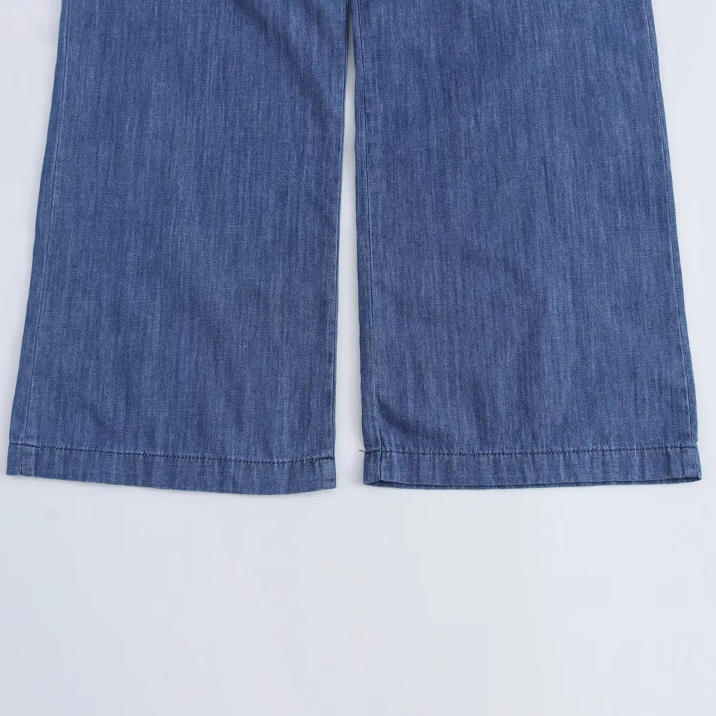 Women's Slim Fit Denim Shirt with Bow Decoration and Wide Leg Loose Long Suit