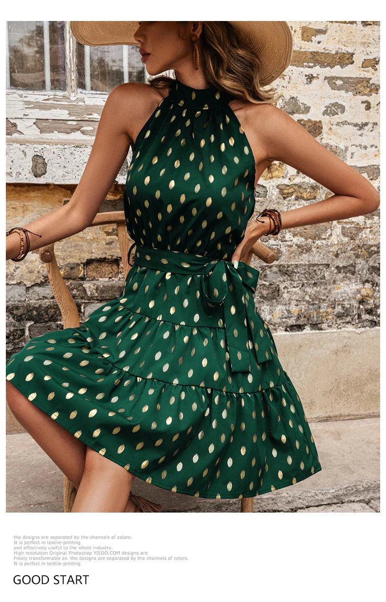 Sleeveless Dot Print Midi Dress With A Line Silhouette