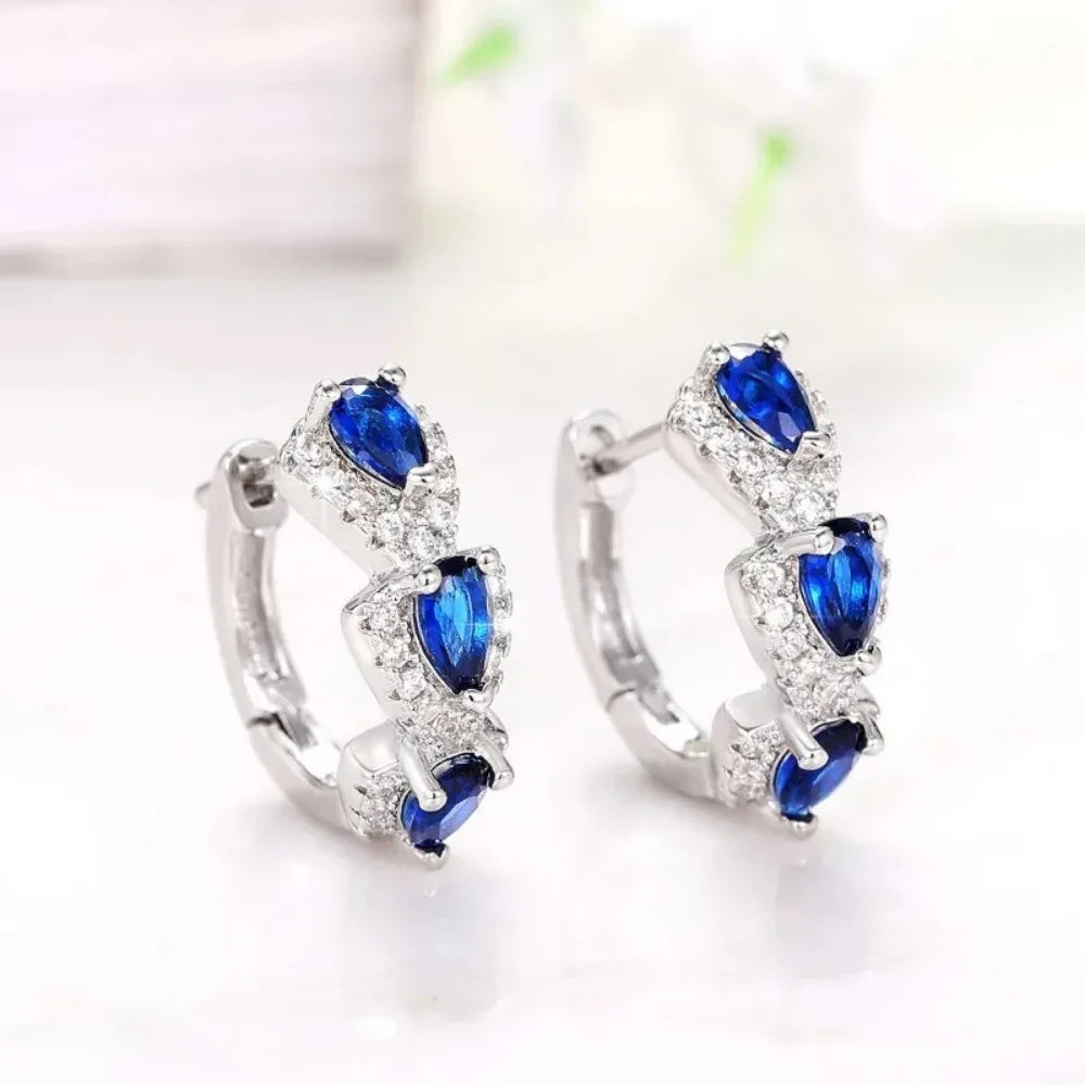 925 Sterling Silver Blue Cubic Zirconia Hoop Earrings Elegant Jewelry Gift for Women