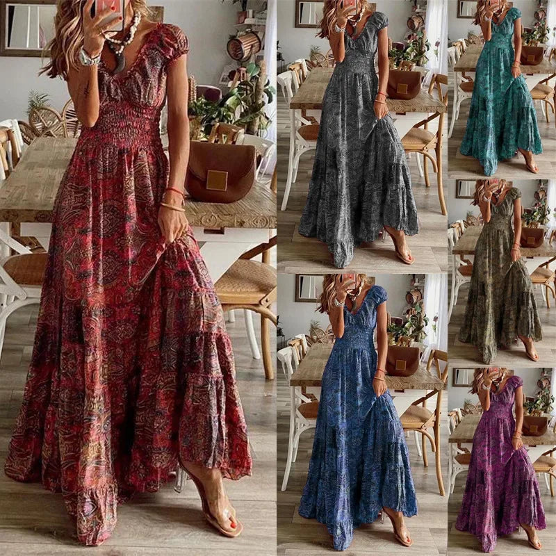 Bohemian Maxi Dress Floral Print Cinched Waist Long