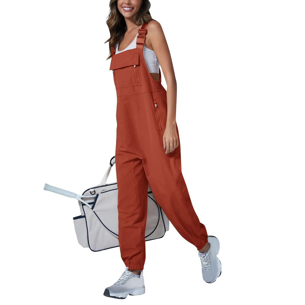 Women's Summer Casual Loose Wide Leg Jumpsuit with Adjustable Straps Pockets and Retro Button Detail Solid Color Sleeveless Overalls