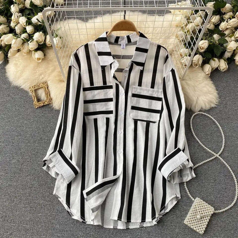 Elegant Medium Length Vertical Stripe Shirt Jacket for Women Casual Loose Fitting Korean Style Blouse