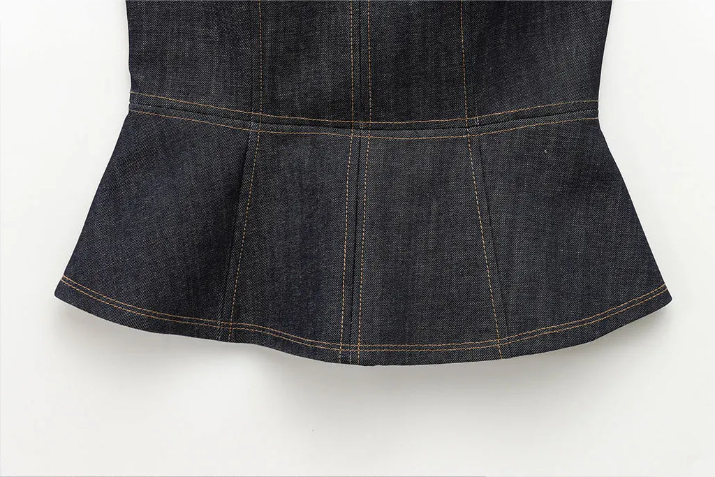 Women's Denim Jacket and Pants Set with Long Sleeve Blazer, Strapless Vest, and Straight Leg Jeans Fashion Outfit