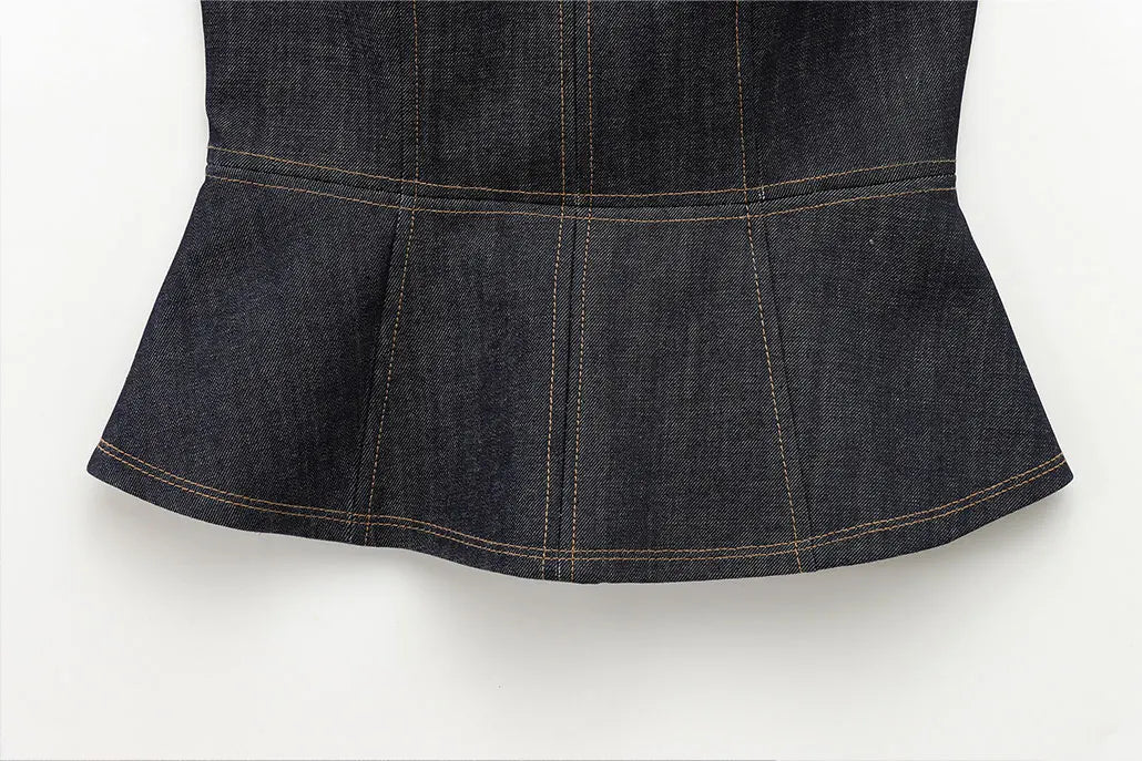 Women's Denim Jacket and Pants Set with Long Sleeve Blazer, Strapless Vest, and Straight Leg Jeans Fashion Outfit