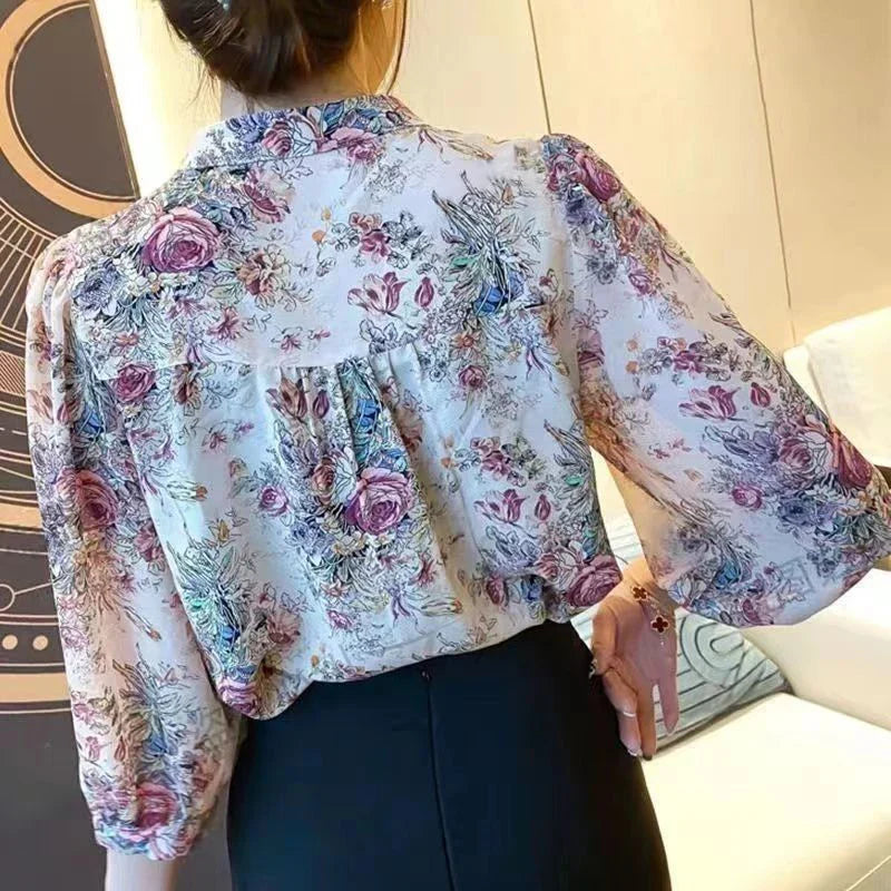 Vintage Elegant Women's Chiffon O-Neck Lantern Sleeve Printed Blouse Slim Fit Casual Office Shirt