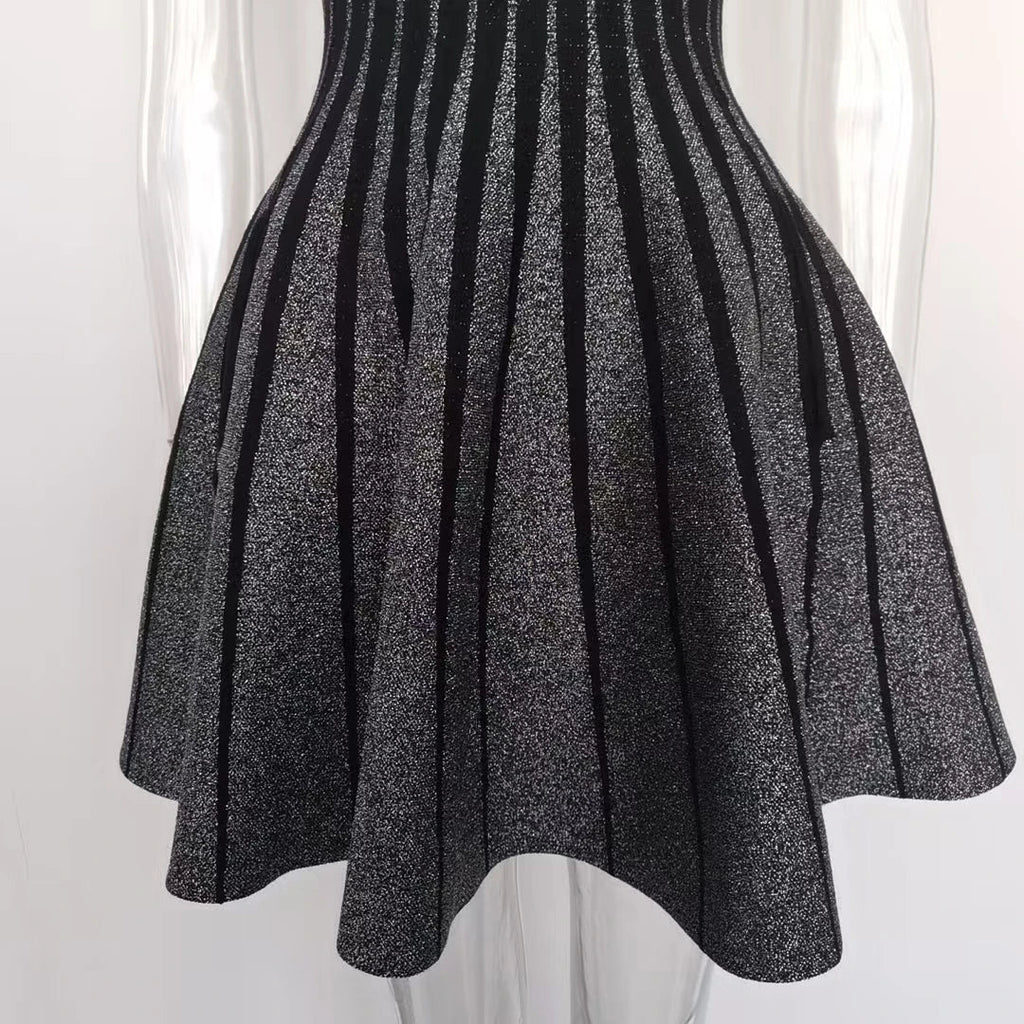 Silver Silk Waist Slimming Strap Dress Knit Short Skirt