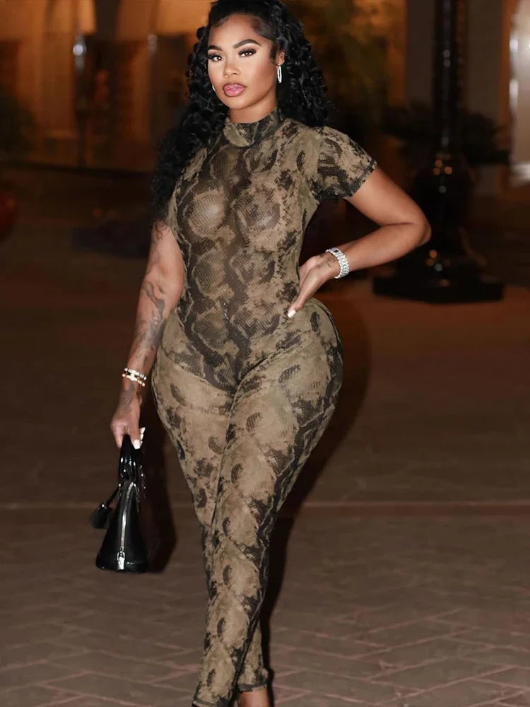 See Through Backless Dragon Print Jumpsuit for Women Short Sleeve Slim Stretch Fitness Workout Overalls Clubwear