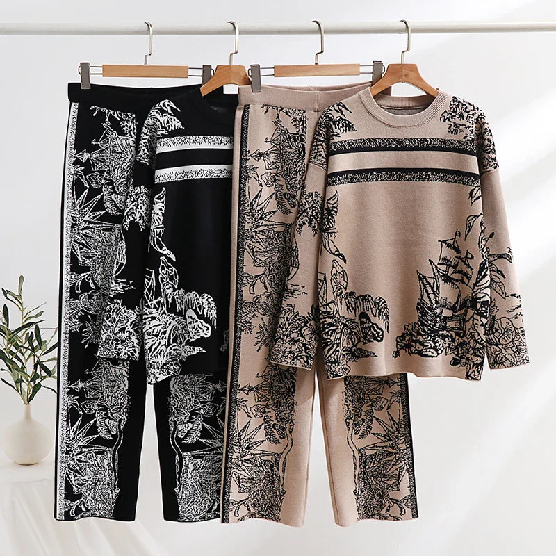 Elegant Women's Loungewear 2 Piece Knit Pants Set with Ink Floral Sweater and Matching Knitted Bottoms