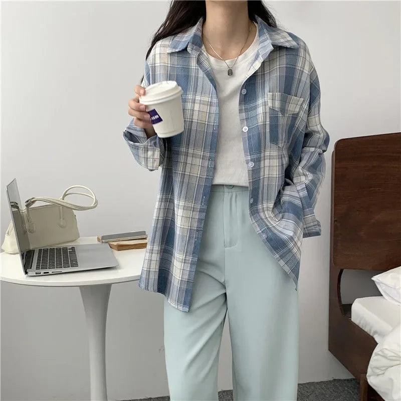 Casual Long Sleeve Plaid Blouse Mid Length Loose Fit Turn Down Collar Shirt for Women Autumn Winter Fashion Top