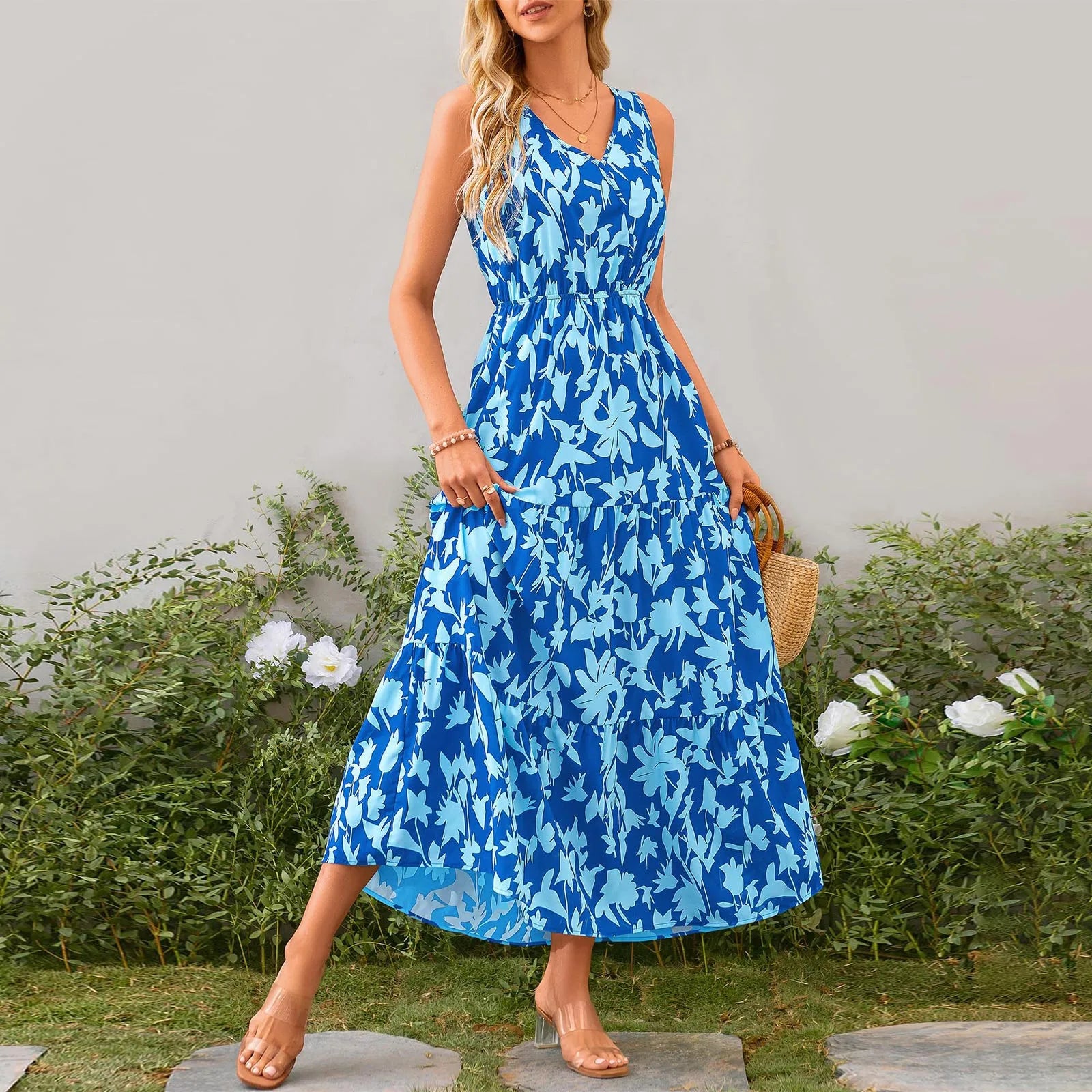 Floral Summer Dress With V Neck Suspender Flowing Fit