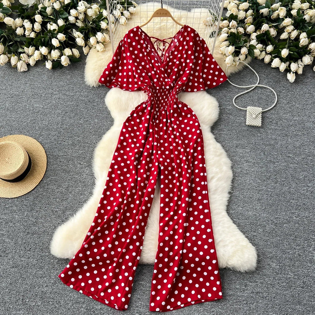 Elegant Polka Dot Romper for Women V-Neck Short Sleeve High Waist Wide Leg Jumpsuit Loose Fit Summer Playsuit