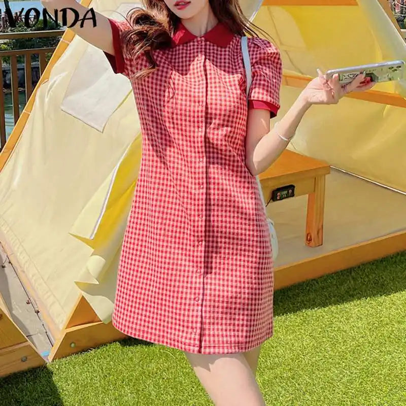 Boho Plaid Mini Dress Puff Sleeve A Line Sundress Style