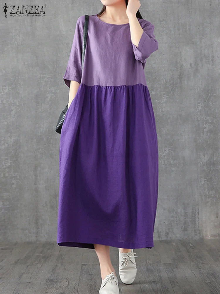 Cotton Linen Plaid Midi Sundress With Pockets O Neck