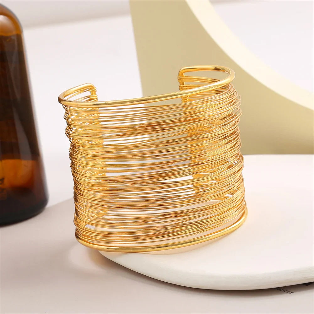 Vintage Hyperbolic Layered Gold Plated Wide Wire Cuff Bracelet for Women Chunky Wrist Wrap Jewelry Gift