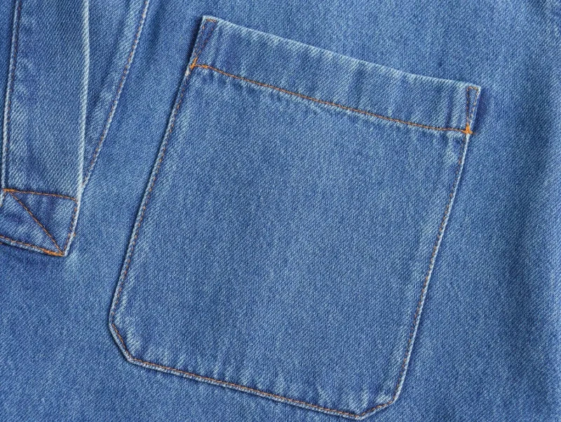 Casual Open Collar Pocket Denim Top and Loose Wide Leg Drawstring Waist Denim Pants Two Piece Set for Women