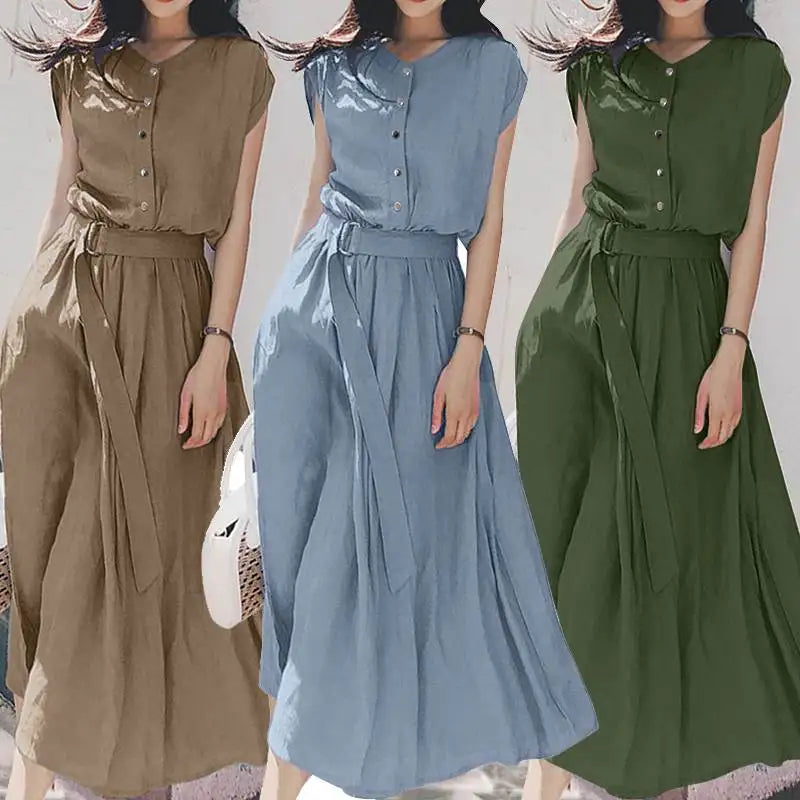 Boho Midi Summer Dress With Short Sleeves And Belt Included