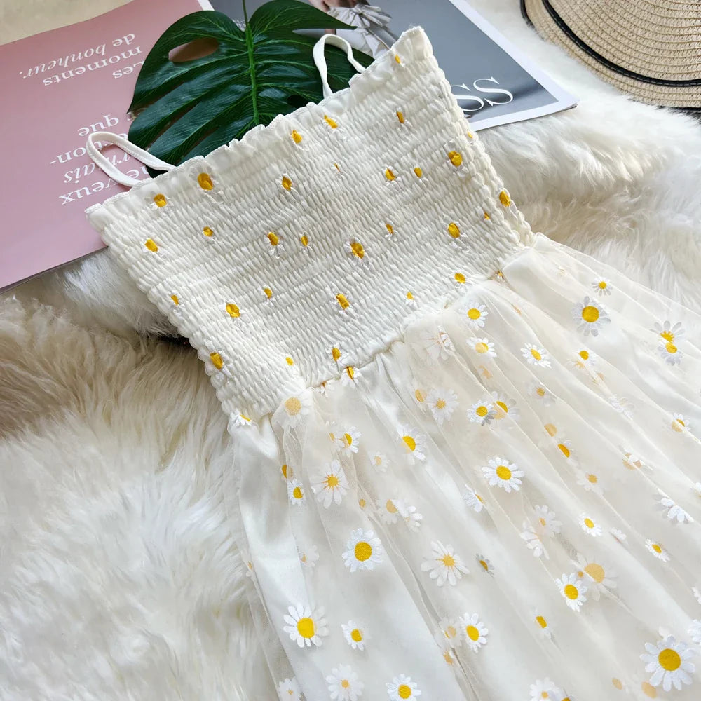 Floral Daisy Print Mesh Long Dress for Summer Vacation