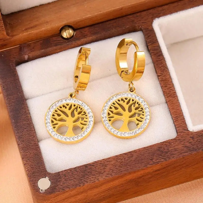 Trendy Titanium Stainless Steel Bohemia Hoop Earrings with CZ Crystal Tree Design for Women and Girls