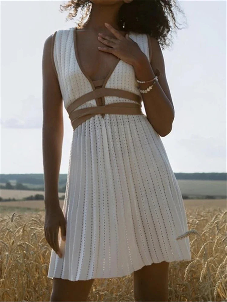 Summer V Neck Knit Dress For Women Sleeveless High Waist