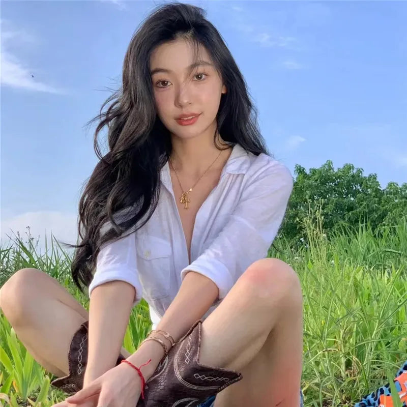 Sexy Polo Neck Button Up Crop Top Cardigan with Long Sleeves Twist Knot Bandage Vest for Women