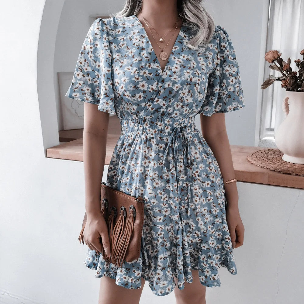 Summer Floral Dress With Bubble Sleeves V Neck A Line