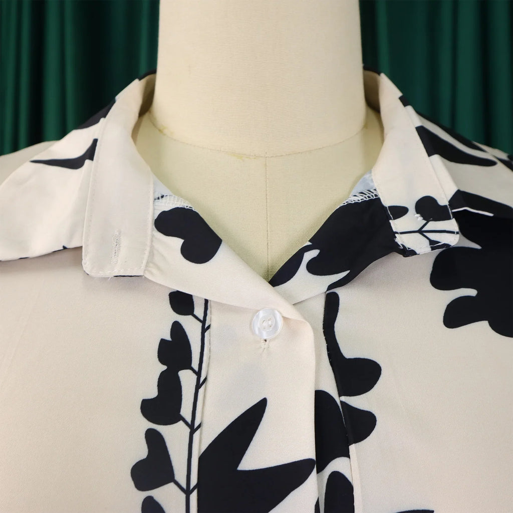 Printed Dress For Women Elegant Turn Collar Ankle Length