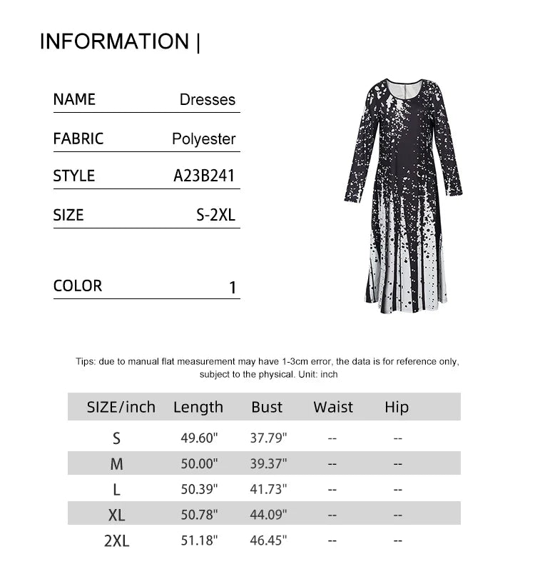 Womens Loose Maxi Dress Round Neck Long Sleeve Dot Pattern