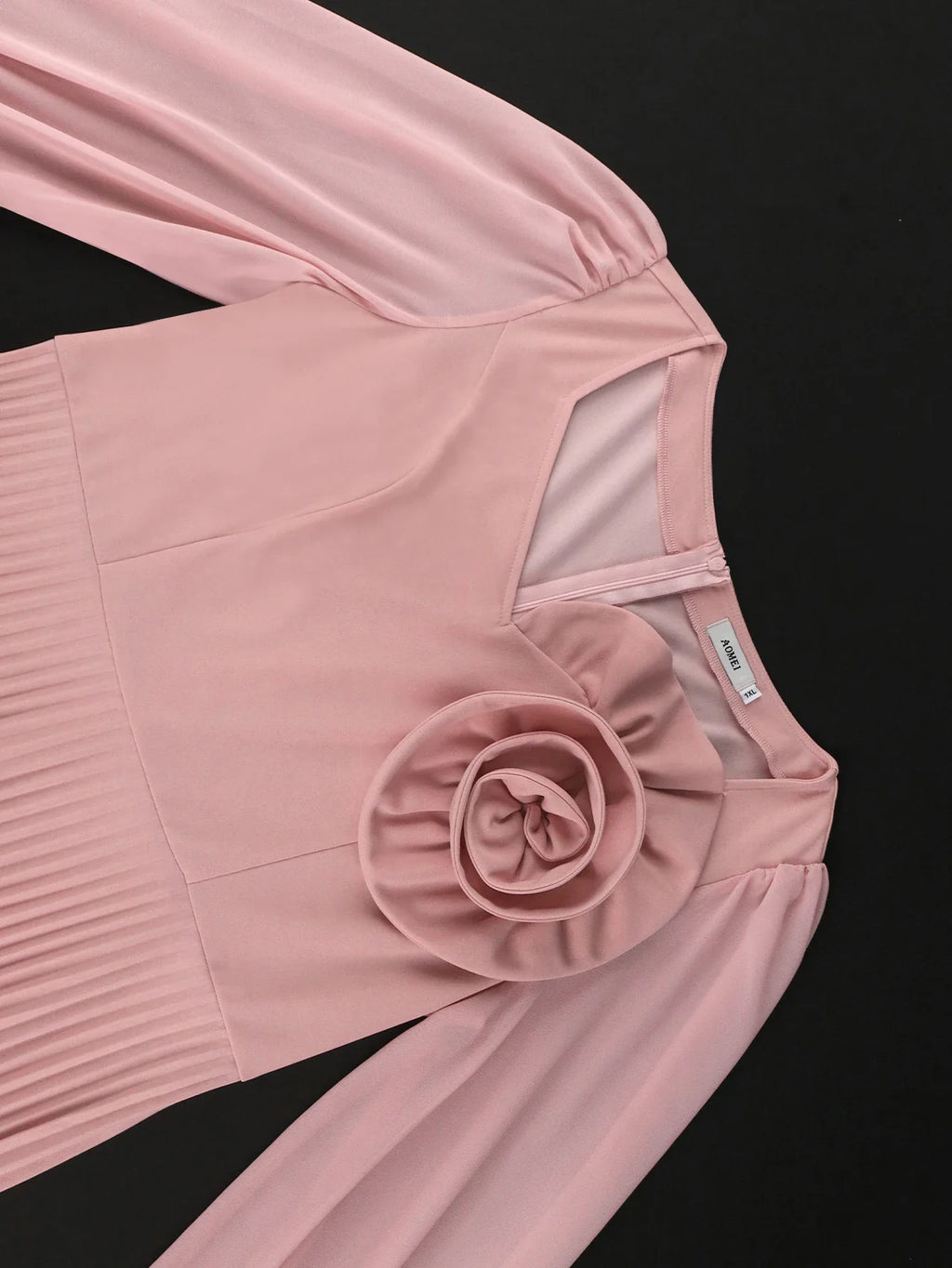 Pink Bubble Sleeve Dress 3D Flowers O Neck Pleated Maxi